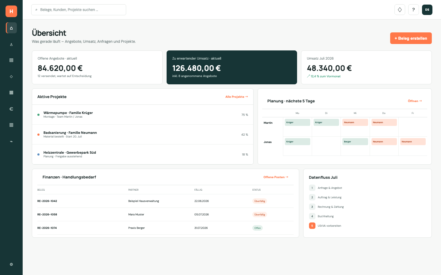 HandWerft-Übersicht mit Angeboten, Projekten, Planung und offenen Posten